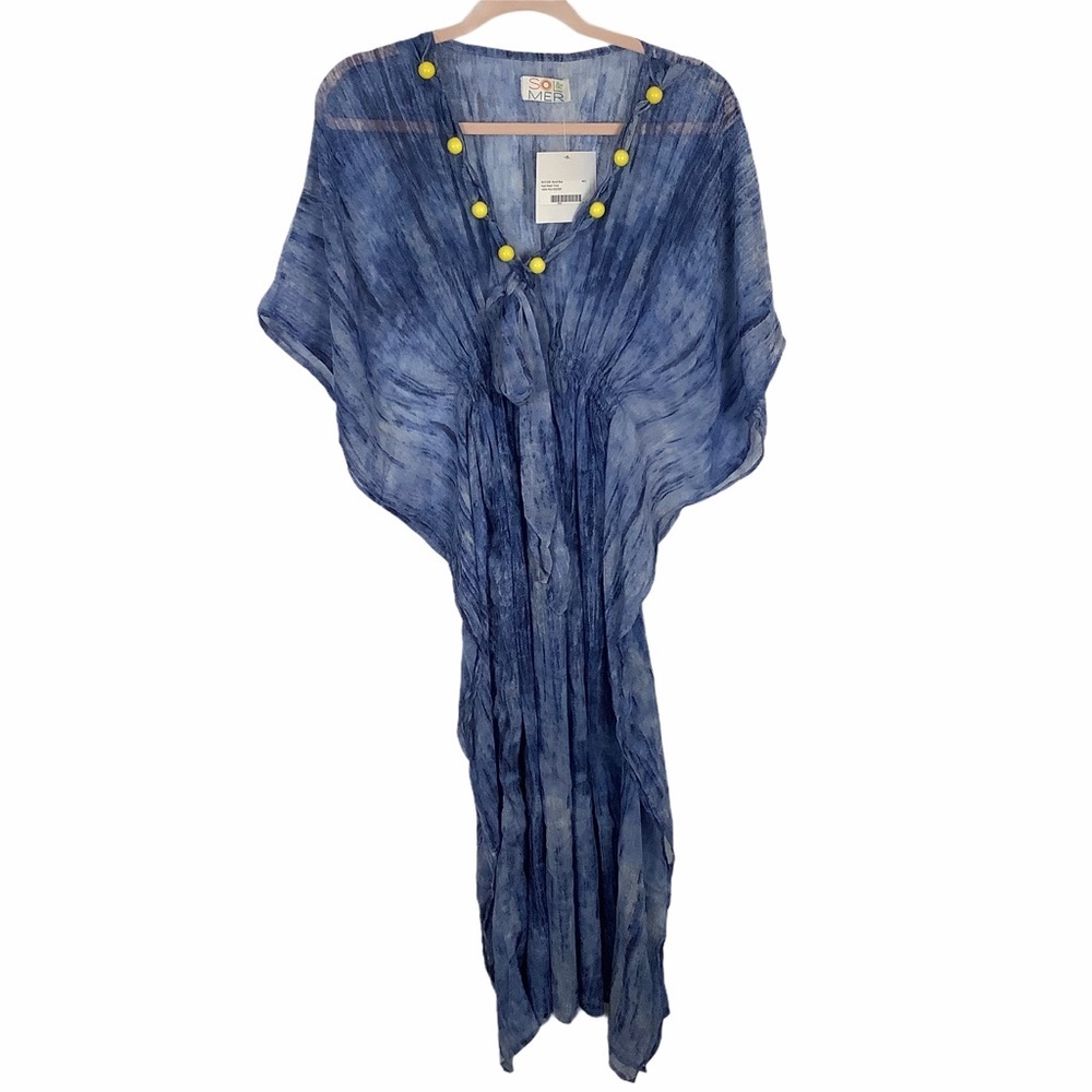 Sol & Mer coverup tunic midi Acid‎ Wash Blue NWT Bondi Blue Yellow Beads